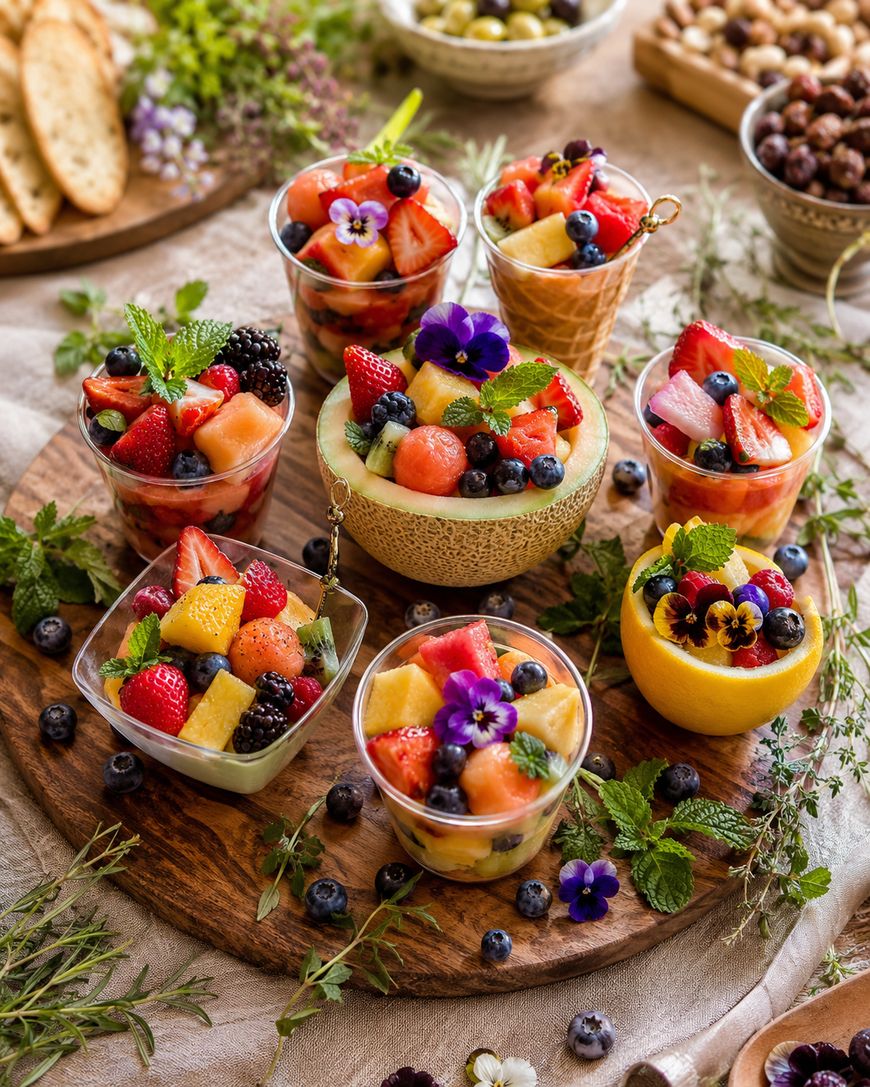 Assorted fresh fruit salads served in various bowls and cups, garnished with mint leaves and edible flowers, arranged on a wooden platter with berries and greenery around.