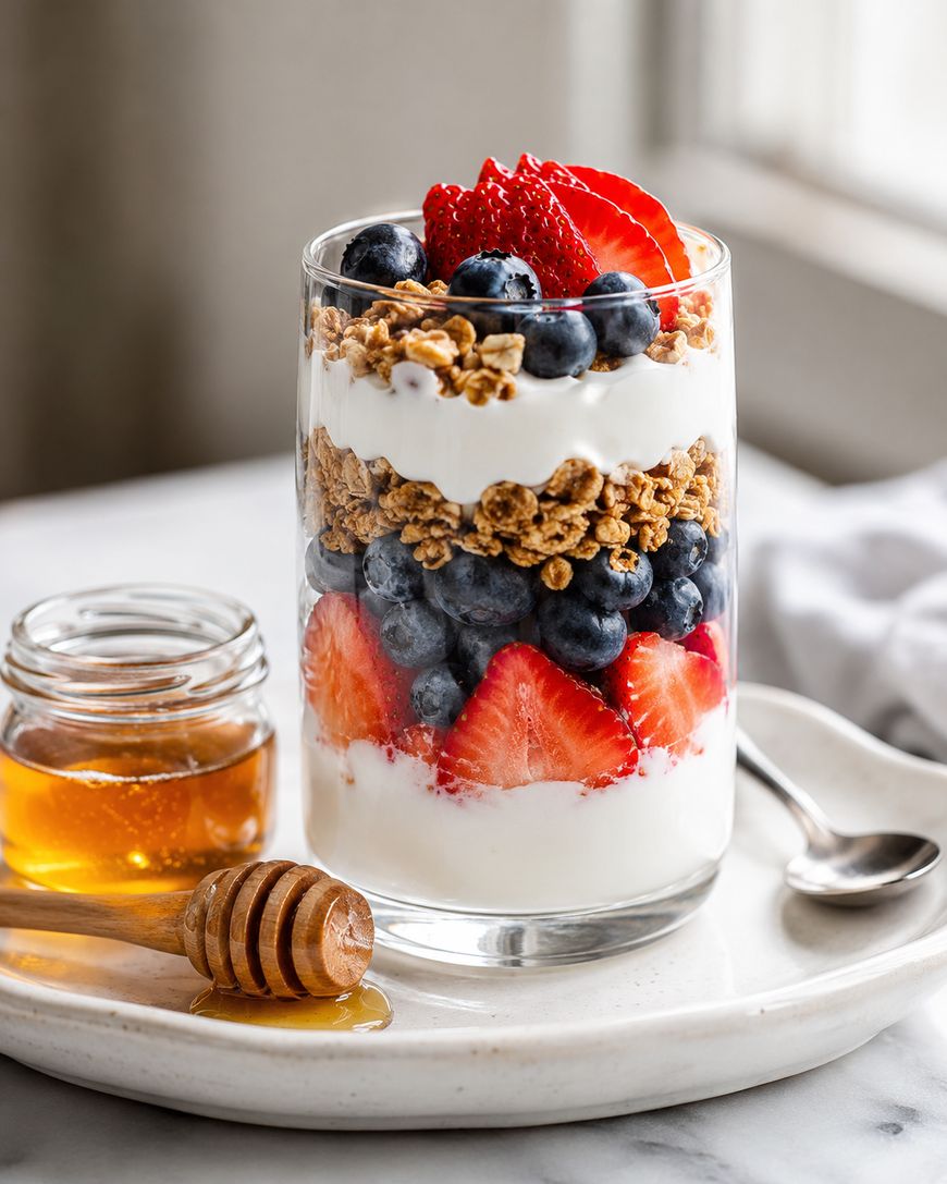 A glass filled with layers of yogurt, granola, blueberries, and sliced strawberries sits on a plate. A small jar of honey with a honey dipper and a spoon are beside it. Natural light shines in from the window.