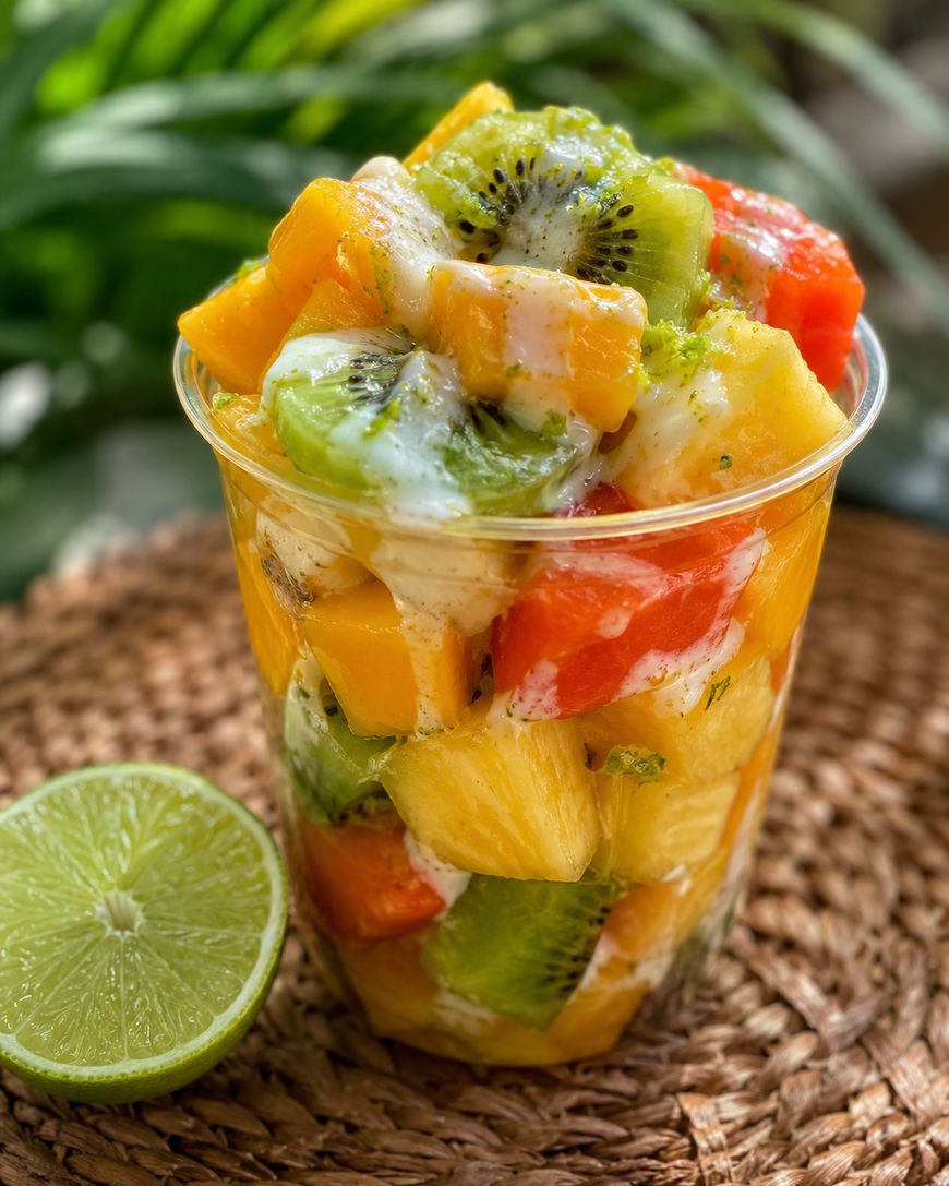 A clear plastic cup filled with assorted fresh fruit pieces, including kiwi, pineapple, mango, and watermelon, topped with a drizzle of creamy sauce. A halved lime sits beside the cup on a woven mat, with greenery in the background.