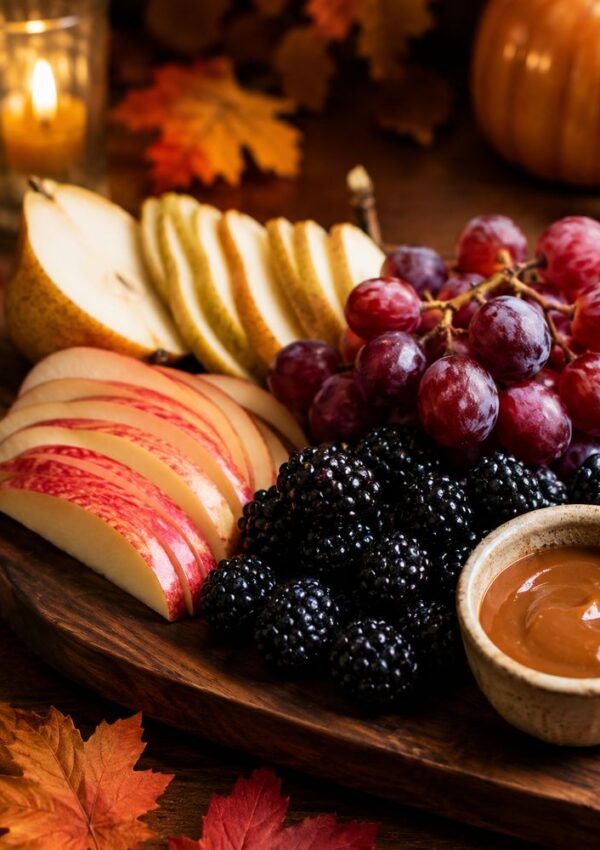 A wooden platter with sliced pears and apples, clusters of red grapes, blackberries, and a bowl of caramel dip—an inviting party fruit display. Autumn leaves and a lit candle in the background set a cozy fall mood, perfect for fruit table ideas.