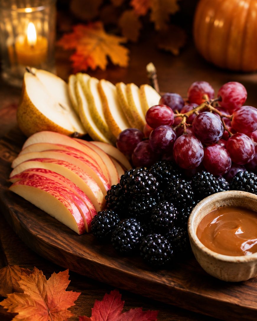 A wooden platter with sliced pears, sliced apples, red grapes, blackberries, and a small bowl of caramel dip. Autumn leaves and a candle are in the background.