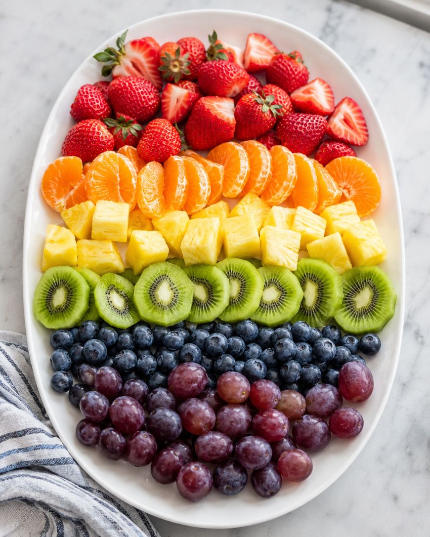 An oval platter arranged with rows of colorful fruit: strawberries, orange slices, pineapple chunks, kiwi slices, blueberries, and red grapes, displayed in a rainbow pattern on a marble surface.