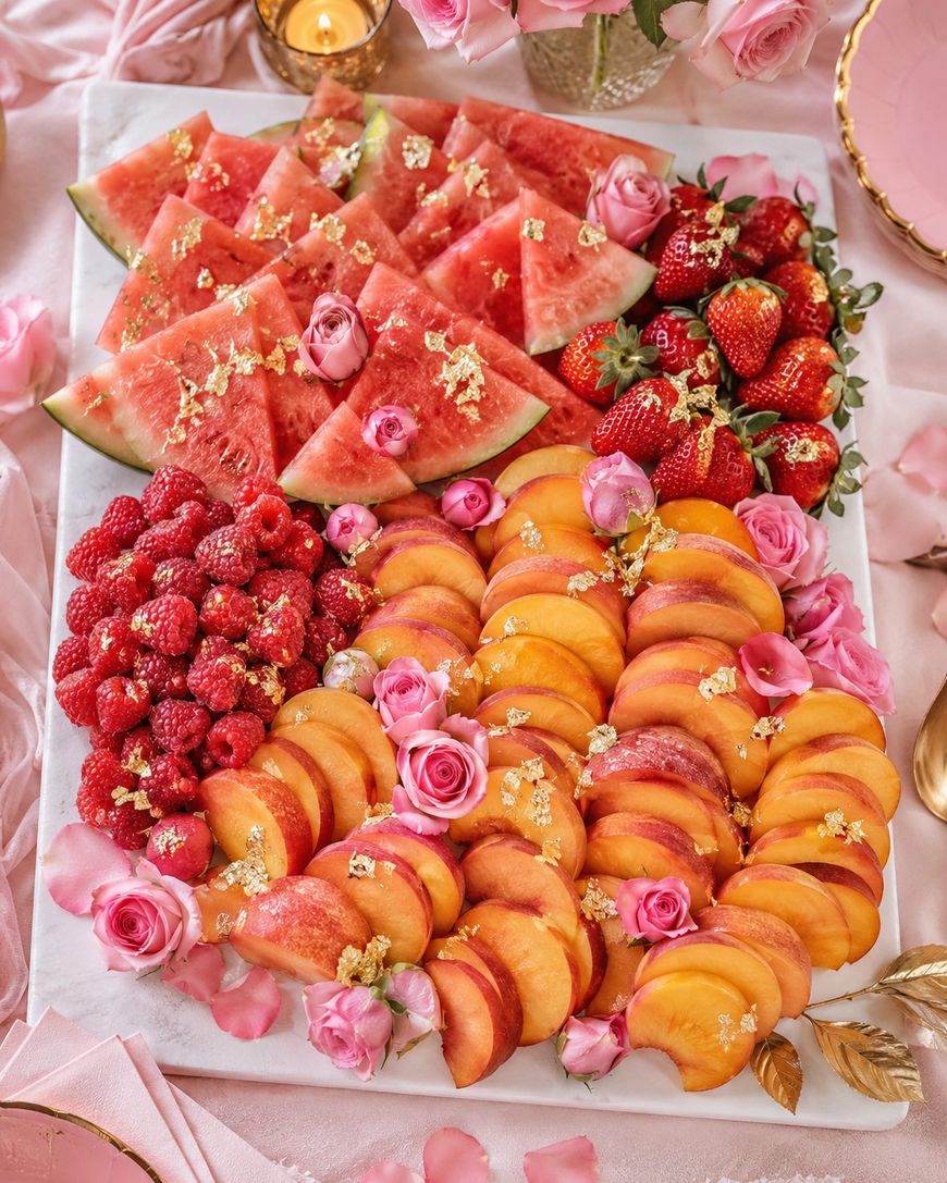 A platter with sliced watermelon, whole strawberries, raspberries, and peach slices, garnished with gold flakes and pink roses. The platter is surrounded by pink decor and petals.