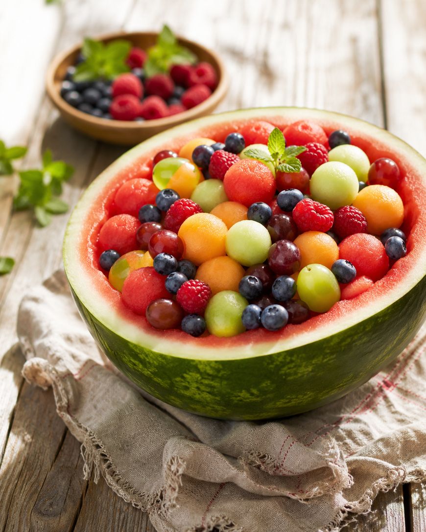 A hollowed-out watermelon half filled with colorful fruit balls, grapes, blueberries, and raspberries, sits on a cloth napkin atop a rustic wooden table. A small bowl of berries is in the background.