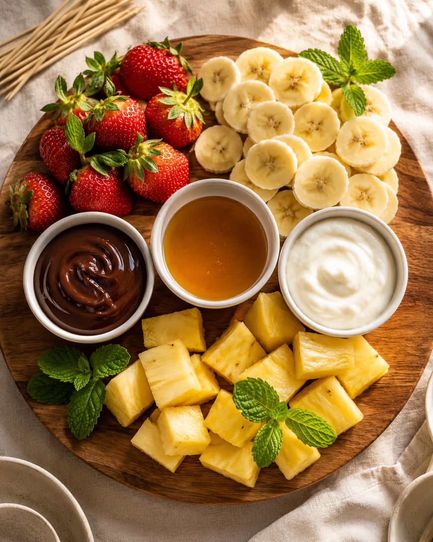A round wooden platter with fresh strawberries, banana slices, pineapple chunks, and three small bowls of chocolate sauce, caramel, and yogurt, garnished with mint leaves.