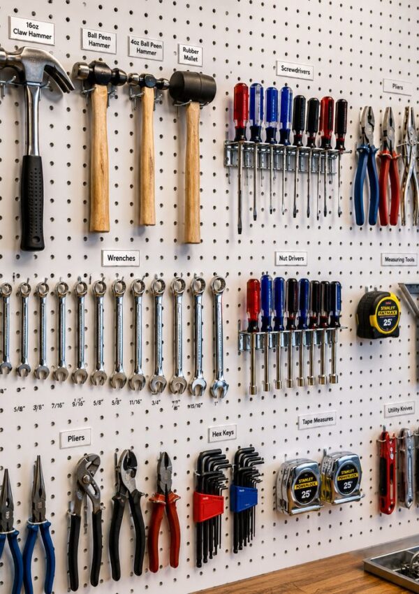A pegboard organized with labeled sections holds various hand tools—hammers, screwdrivers, pliers, wrenches, and more—neatly arranged above a wooden workbench, showcasing smart garage storage ideas for efficient tool access.
