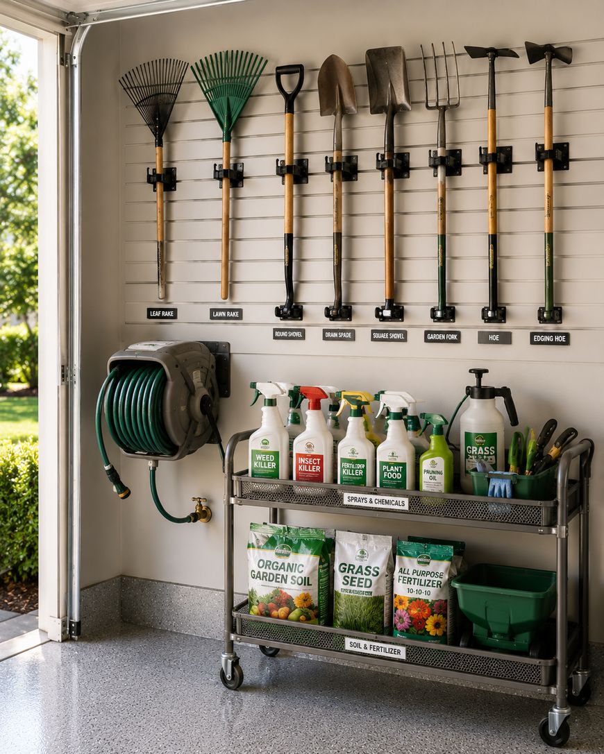 A garage wall with neatly hung gardening tools above a metal cart holding garden supplies, sprays, and fertilizers. A green hose is coiled on a reel mounted to the left wall, with sunlight and greenery visible outside.