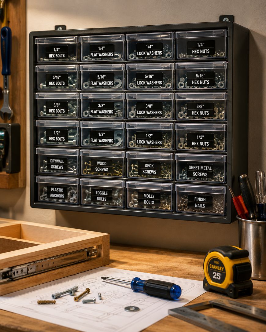 A wall-mounted organizer with labeled drawers holds various nuts, bolts, washers, screws, and anchors above a workbench. On the bench are tools, a tape measure, and technical drawings.