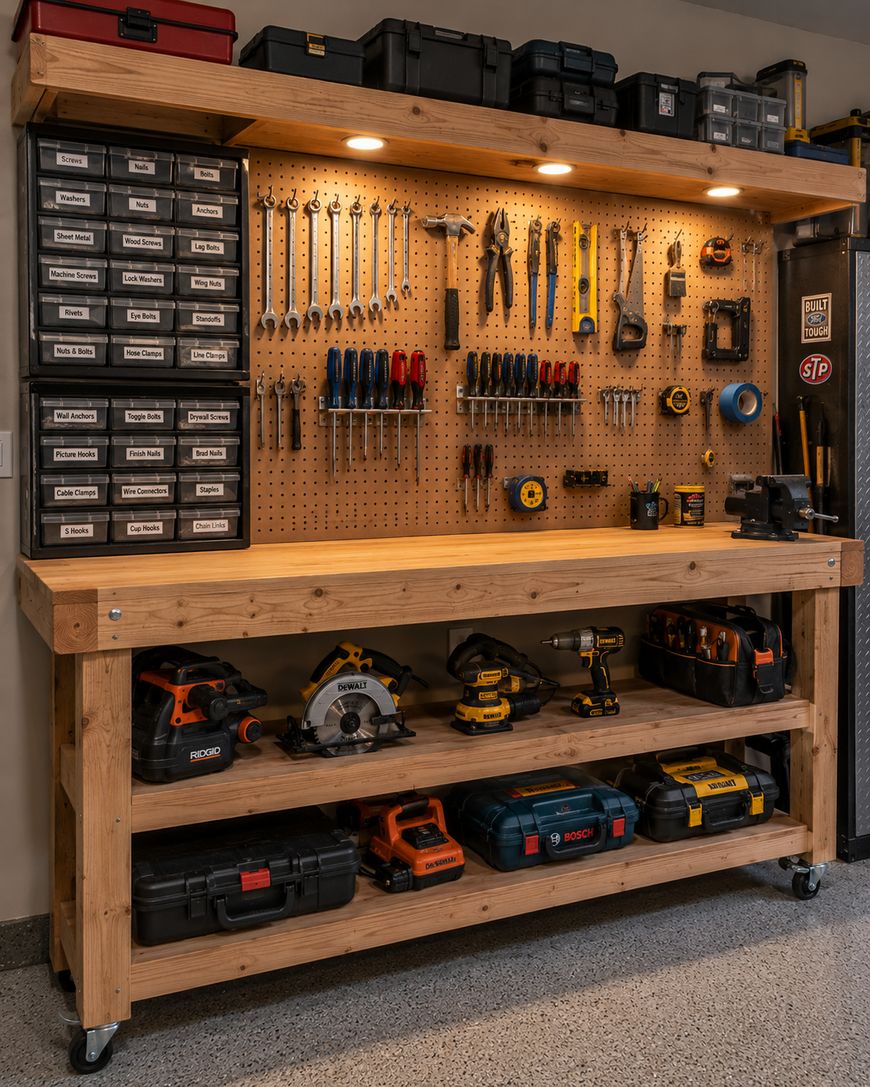A well-organized wooden workbench with a pegboard displaying hand tools, drawers for small parts, power tools and toolboxes on shelves below, and overhead lights illuminating the workspace.