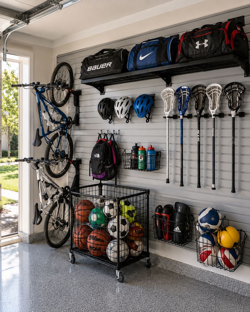 A well-organized garage wall with sports equipment, including bikes, helmets, bags, lacrosse sticks, balls in rolling baskets, and water bottles, neatly stored on shelves and hooks.