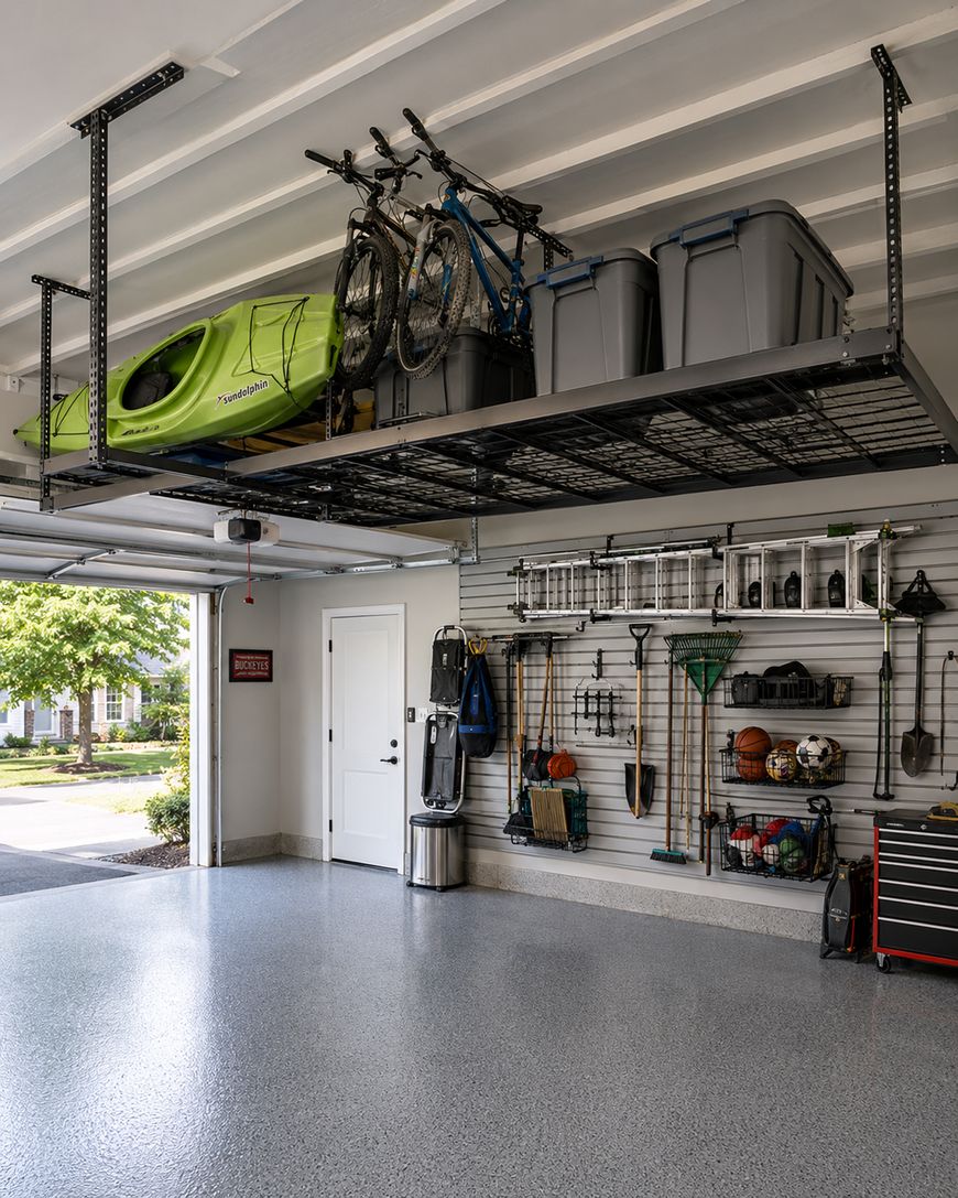 A tidy garage with wall-mounted racks holding tools and sports equipment, an overhead shelf storing bins, bikes, and a green kayak, and a clean gray floor. The garage door and a side door are visible.