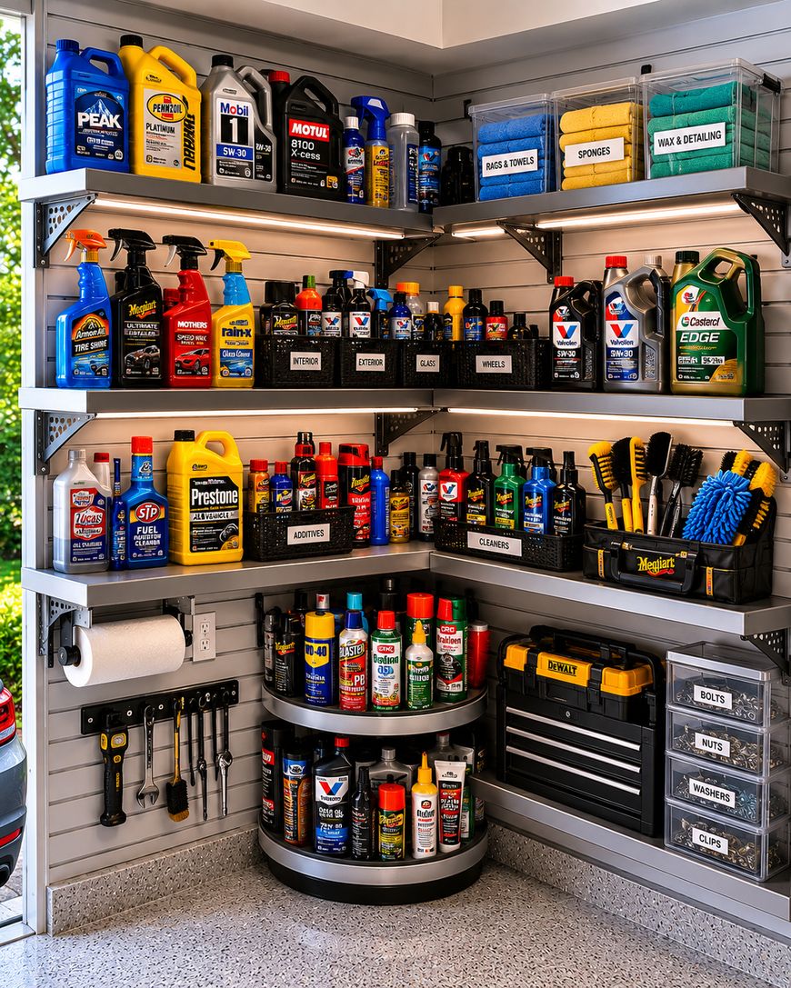 Shelves in a garage neatly organized with car care products, motor oils, cleaning sprays, brushes, paper towels, storage boxes, and automotive tools. Labels face outward for easy identification.