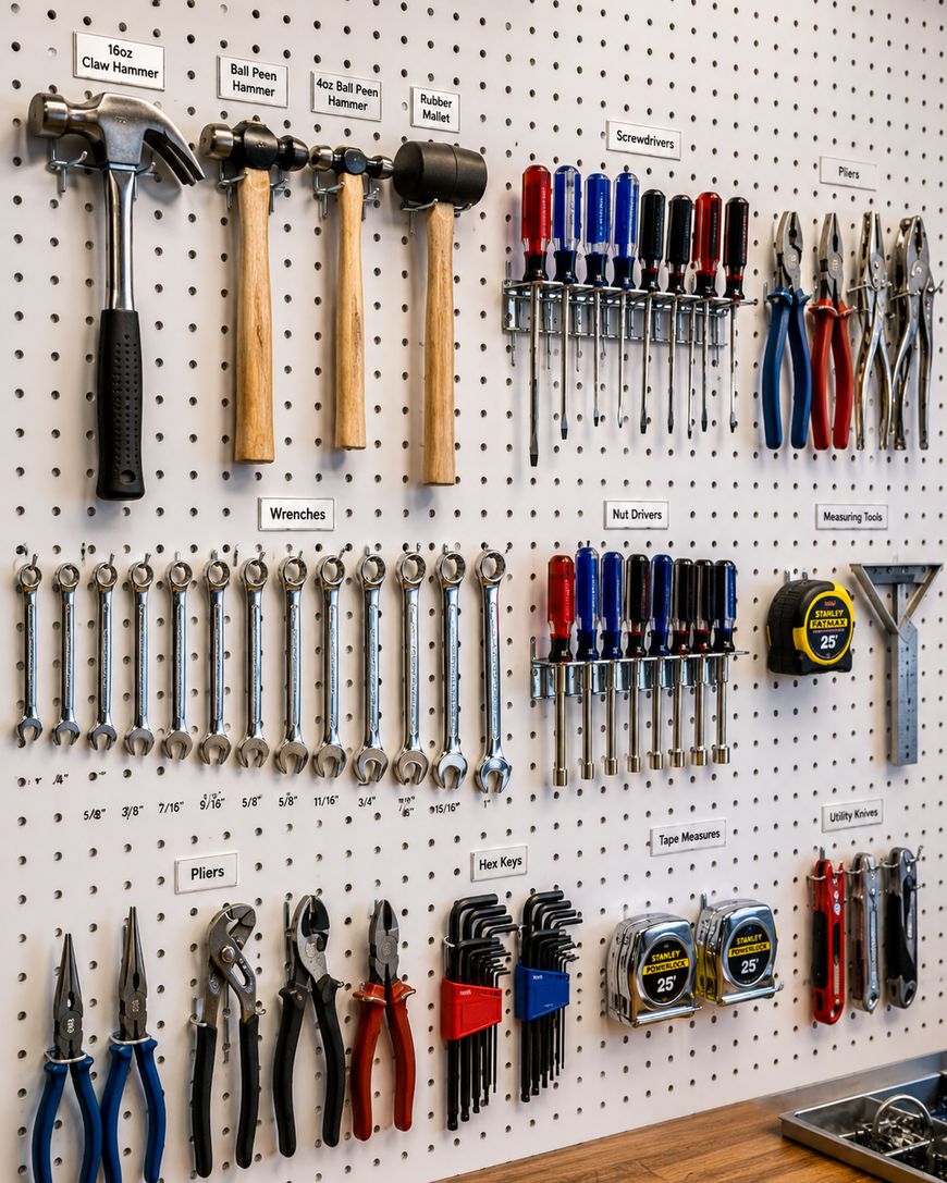 A pegboard wall neatly organizes various tools, including hammers, wrenches, screwdrivers, pliers, hex keys, utility knives, and tape measures, all labeled and hung above a wooden workbench.