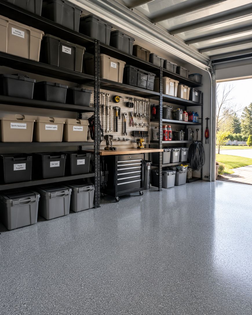 A clean, organized garage with metal shelves holding labeled storage bins, neatly hung tools on a pegboard, a tool chest, and fire extinguishers; sunlight streams in through the open door.