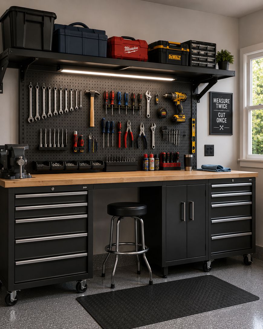 A tidy garage workshop with a wooden workbench, black tool cabinets, wall-mounted pegboard holding various tools, storage bins on a shelf, and a stool on a gray speckled floor next to a window and a motivational sign.