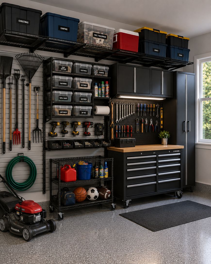 A well-organized garage with shelves holding storage bins, tools, and sports equipment. Lawn tools hang on the wall, and a workbench with drawers is neatly arranged under hanging cabinets, next to a window letting in daylight.