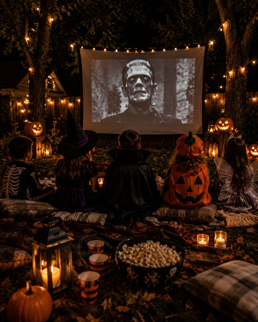 Four children in Halloween costumes sit on blankets outdoors at night, watching Frankenstein on a projector screen. Pumpkins, lanterns, candles, popcorn, and string lights create a festive, spooky atmosphere.