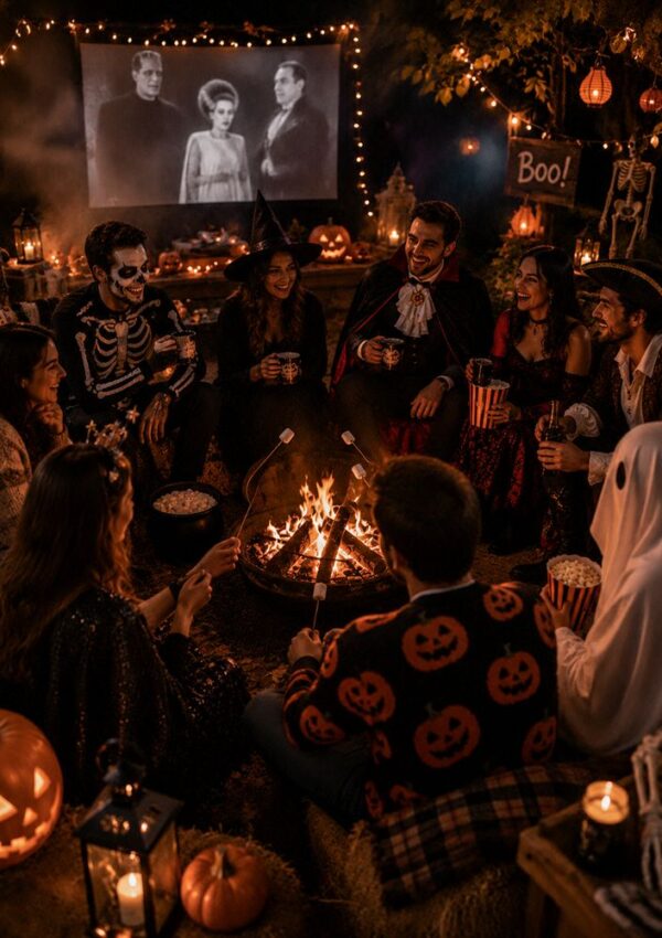 A group of people in Halloween costumes sit around a firepit, roasting marshmallows at a lively Halloween party. Surrounded by pumpkins and decorations, they watch a classic black-and-white horror movie and enjoy fun Halloween games for adults.