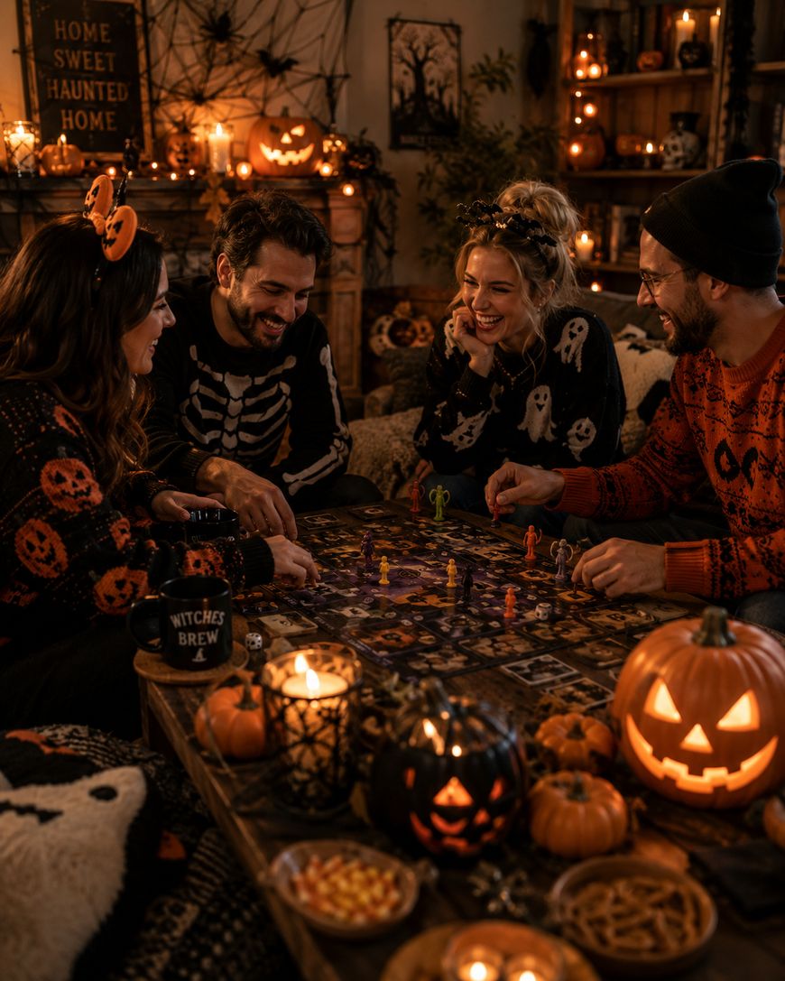 Four people in Halloween-themed sweaters play a board game at a cozy, dimly lit table decorated with pumpkins, candles, snacks, and festive décor. The room is filled with Halloween decorations and warm lighting.