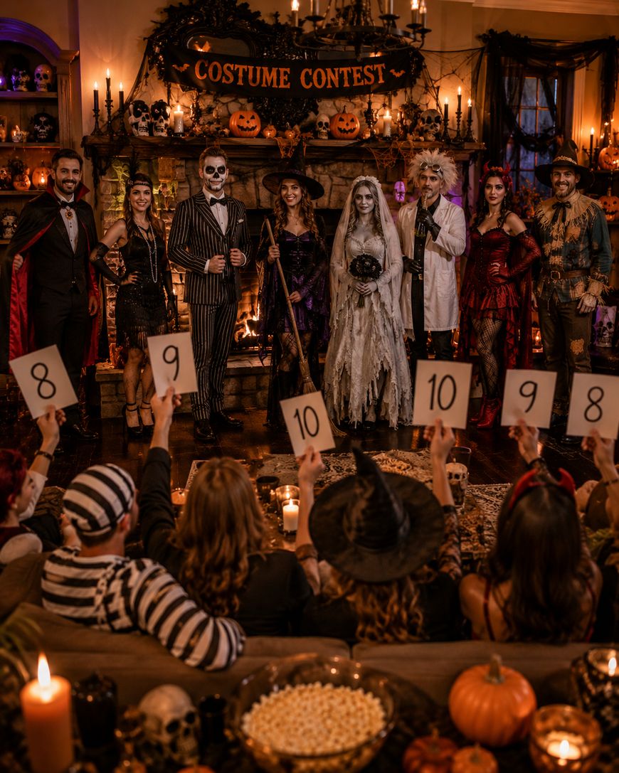 A group in Halloween costumes stands on stage for a “Costume Contest” while seated judges hold up scores from 8 to 10. The room is decorated with pumpkins, candles, spider webs, and festive lights.