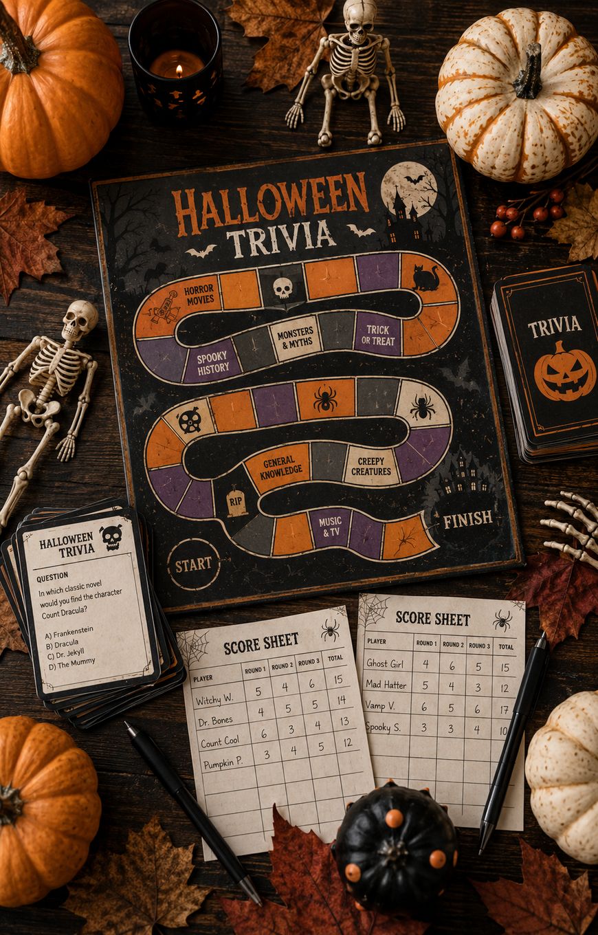 A Halloween-themed trivia board game is arranged on a wooden table with pumpkins, skeleton figurines, candles, leaves, trivia cards, score sheets, and pens, creating a festive autumn atmosphere.