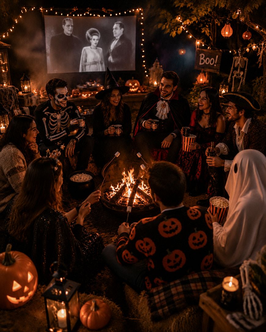 A group of people in Halloween costumes sit around a campfire, roasting marshmallows and eating popcorn. Vintage horror movie plays in the background. Pumpkins, string lights, and Halloween decorations set a festive, spooky outdoor scene.
