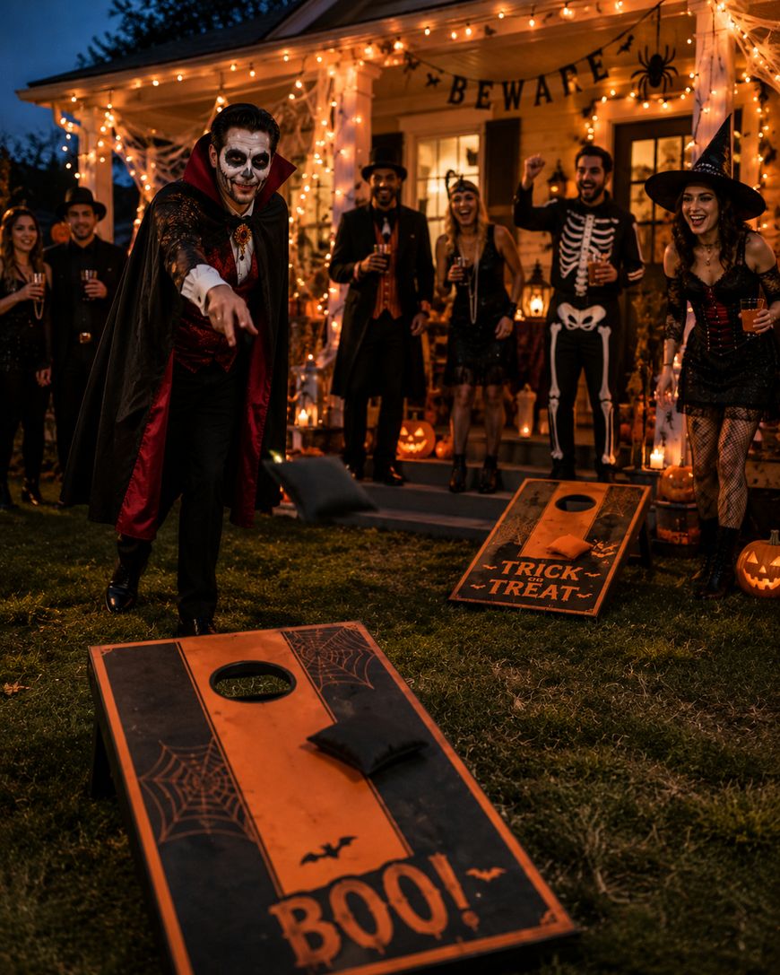 A group of people in Halloween costumes play cornhole outside a decorated house at night. The boards are orange and black with “BOO!” and “TRICK OR TREAT” on them; lights, pumpkins, and a “BEWARE” sign decorate the porch.