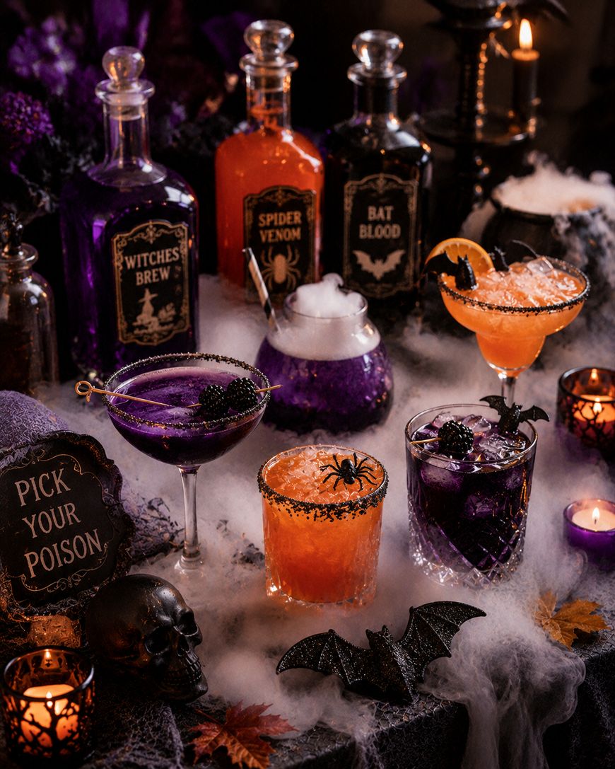A spooky Halloween-themed table displays colorful cocktails in decorated glasses, potion bottles labeled Witches Brew, Spider Venom, and Bat Blood, candles, cobwebs, skulls, and a Pick Your Poison sign.