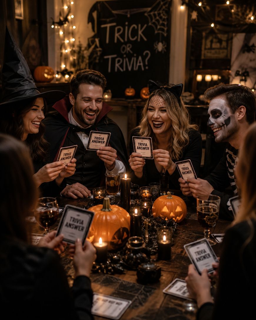 A group of friends in Halloween costumes sit around a candlelit table with pumpkins, laughing and playing a trivia card game. A sign behind them reads Trick or Trivia? with festive decorations around.