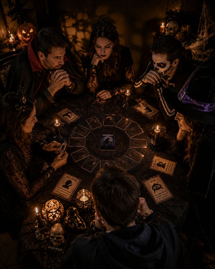 Six people in dark, gothic costumes sit around a candle-lit table playing a card game. The table is decorated with Halloween props, and the atmosphere is mysterious and spooky.