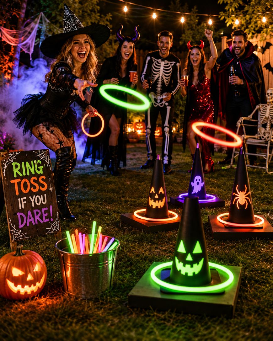 A group of people in Halloween costumes play a glowing ring toss game outdoors at night. The scene includes decorated witch hats, jack-o-lanterns, and spooky lights, creating a festive and playful Halloween atmosphere.