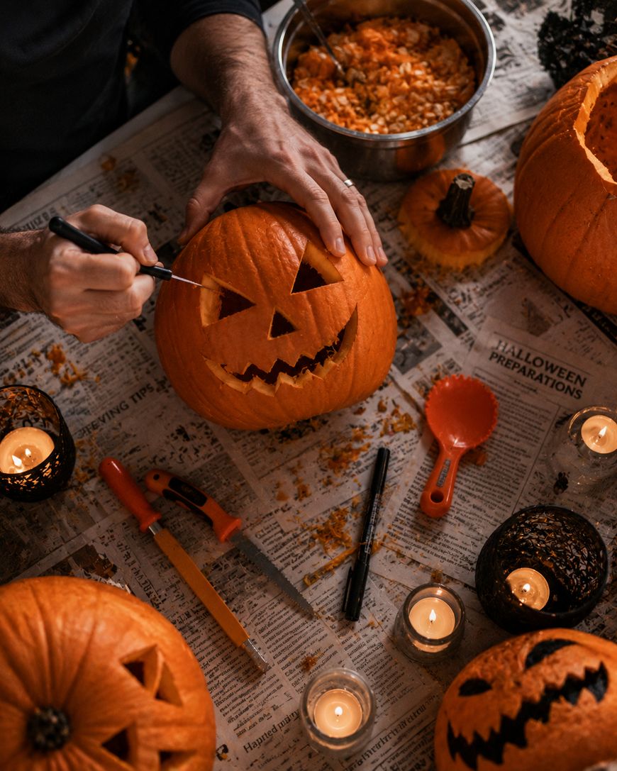 A person carves a jack-o-lantern face on a pumpkin surrounded by candles, pumpkin tools, and pumpkin seeds on a table covered with newspaper. Other carved pumpkins and Halloween decorations are also visible.
