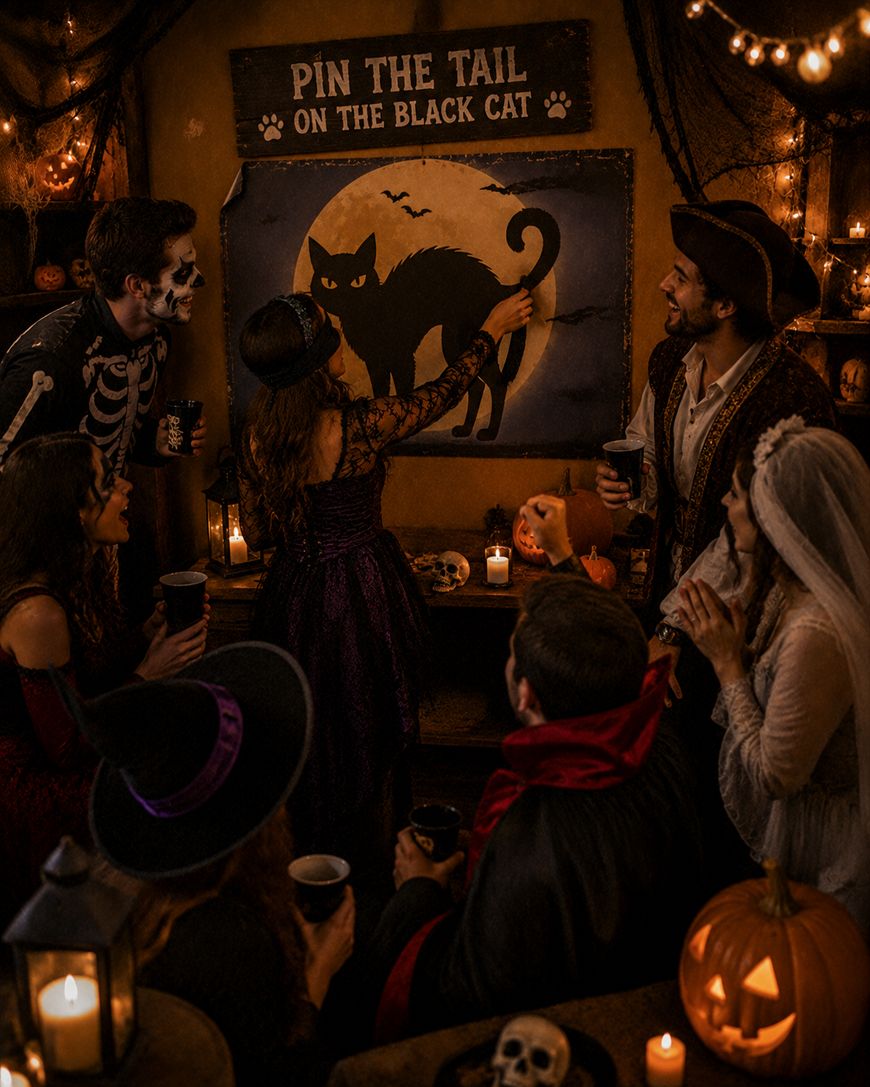 A group of people in Halloween costumes play Pin the Tail on the Black Cat in a dimly lit, festive room with candles, string lights, and a carved pumpkin. One woman is blindfolded and reaching toward a cat poster.