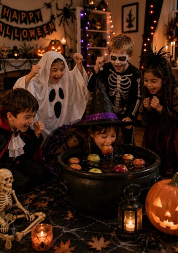Five children in Halloween costumes excitedly watch as one bobs for apples in a cauldron—a classic choice among the best Halloween games. The room is decorated with pumpkins, candles, a skeleton, and a Happy Halloween banner.