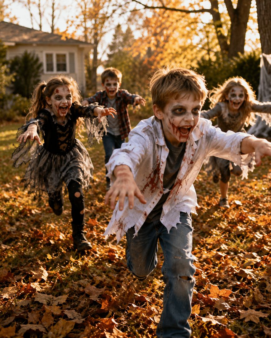Four children dressed as zombies with face paint and tattered clothes run toward the camera outside on a lawn covered with autumn leaves, with a house and trees in the background.