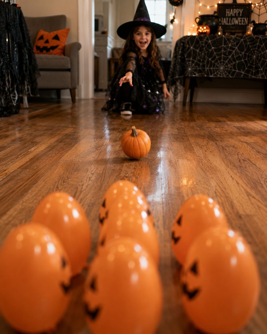 A young girl in a witch costume smiles and rolls a small pumpkin towards a set of orange jack-o-lantern balloons arranged like bowling pins in a decorated room for Halloween.