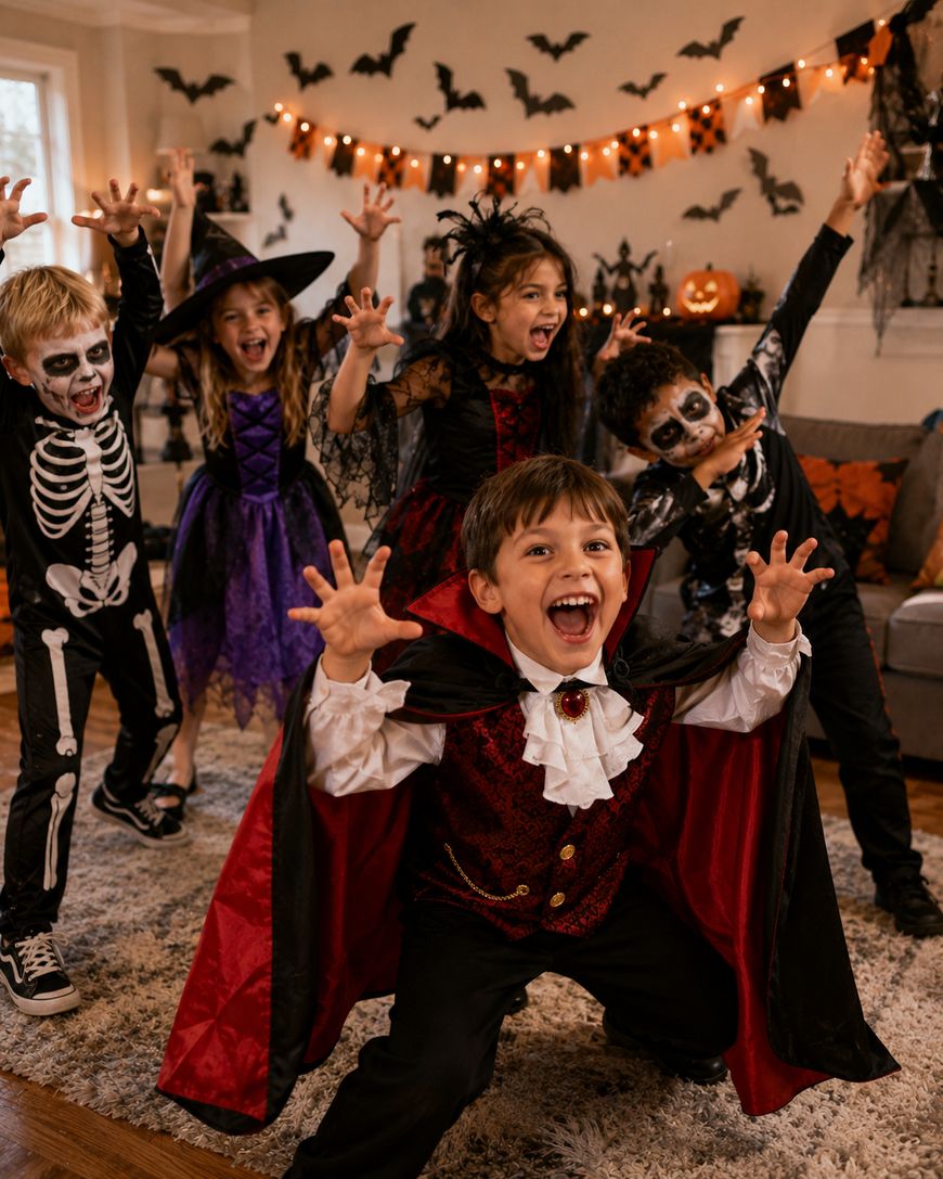Five children in Halloween costumes pose playfully indoors. One child in a vampire costume stands in front, while others dressed as a witch, skeletons, and a bat make spooky faces. Halloween decorations fill the background.