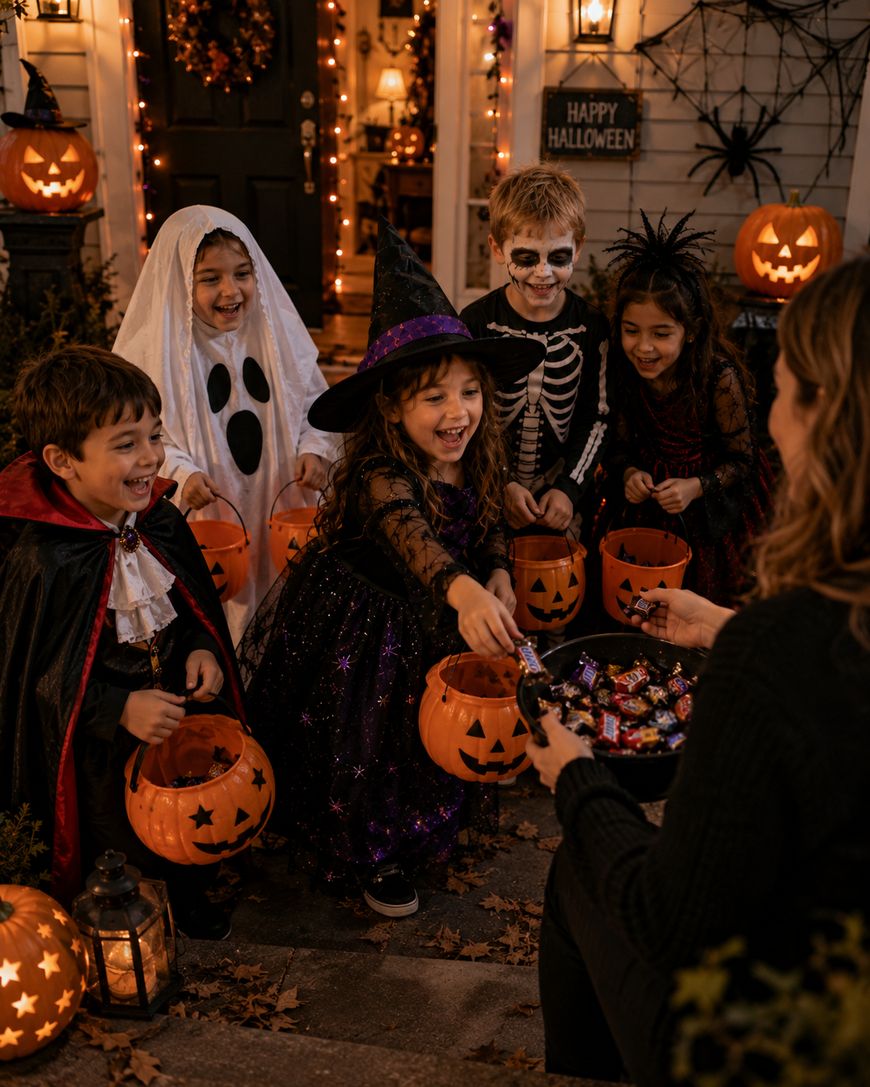 Five children in Halloween costumes, including a witch, ghost, and skeleton, hold orange pumpkin buckets and smile as they receive candy from an adult at a decorated front porch with jack-o-lanterns and spooky decorations.