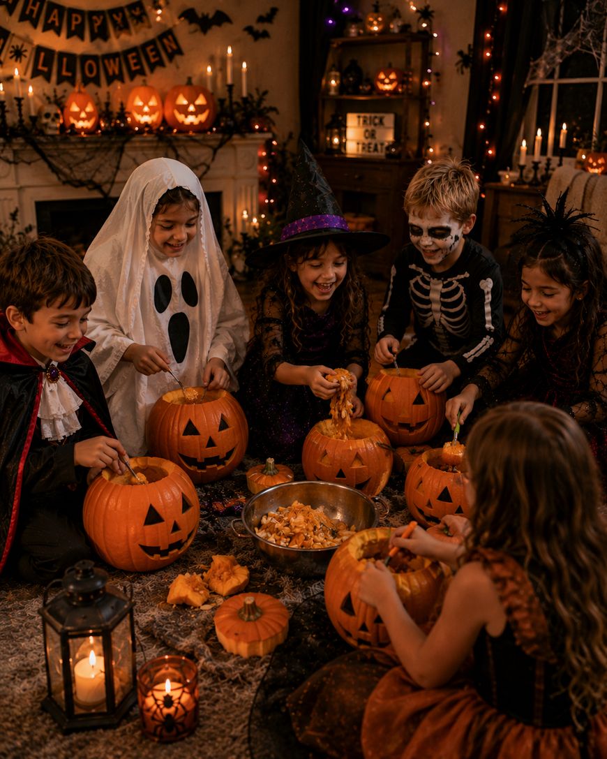 A group of children in Halloween costumes sit in a cozy, decorated room, carving pumpkins together. Jack-o-lanterns, candles, and festive lights fill the warm, spooky scene.