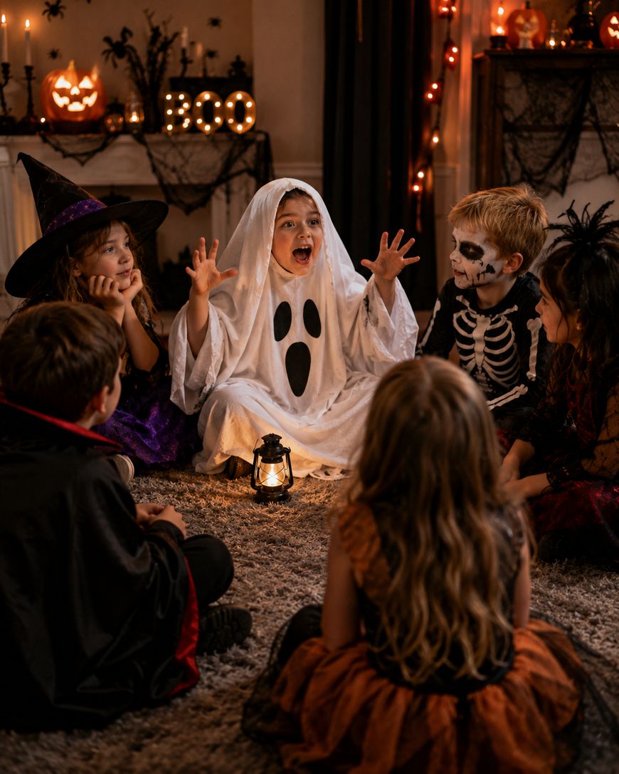 A group of children in Halloween costumes sit in a circle indoors. One child dressed as a ghost tells a story with raised hands, while others, dressed as a witch, skeleton, and vampire, listen. Halloween decorations are in the background.