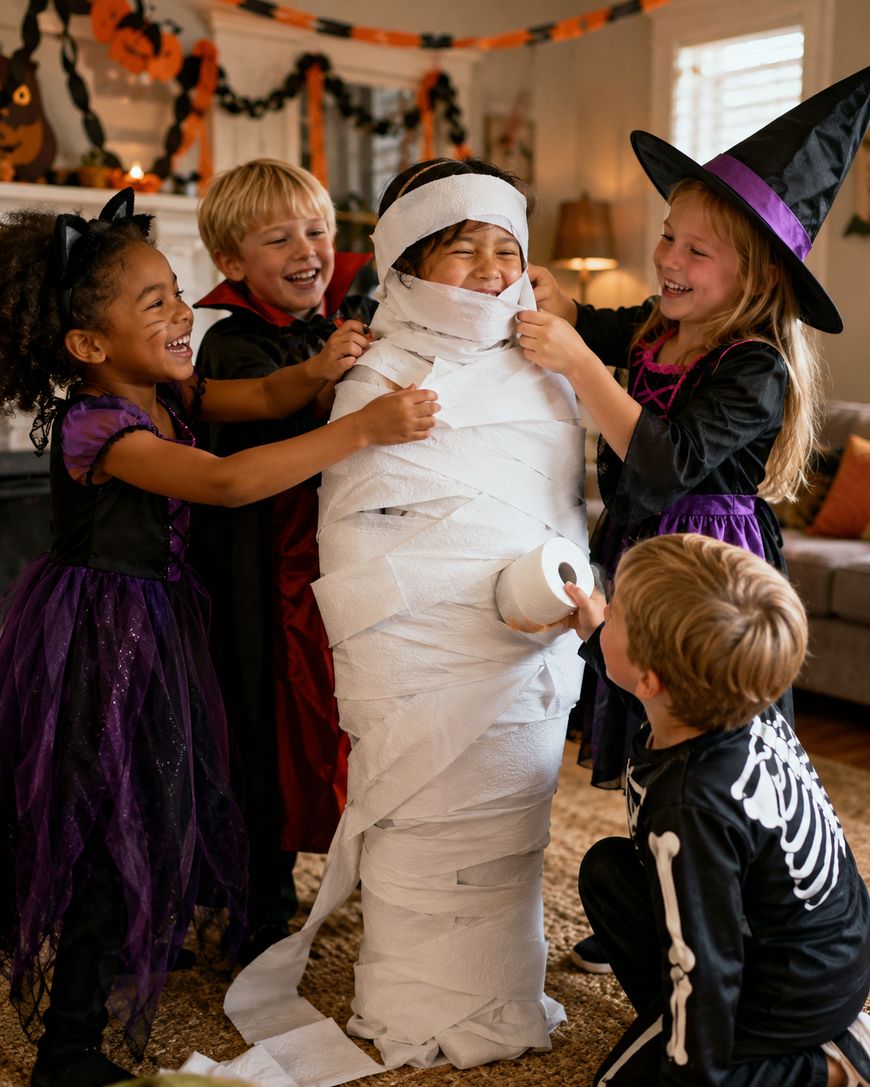 Four children in Halloween costumes laugh as they wrap another child in toilet paper to look like a mummy. The room is decorated with pumpkins and garlands, creating a festive atmosphere.