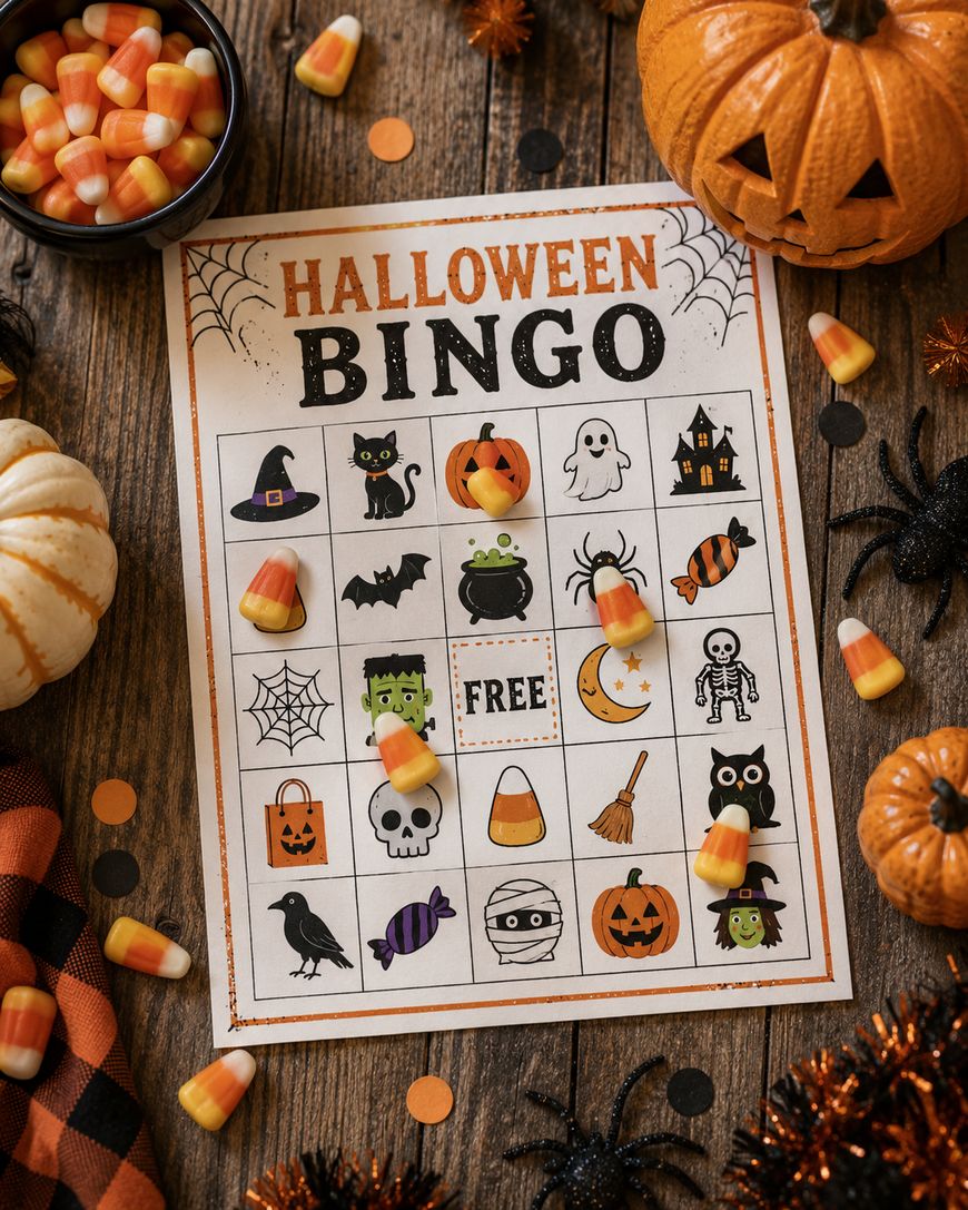 A Halloween-themed bingo card with festive icons like a witch hat, ghost, pumpkin, spider, and candy corn on a wooden table, surrounded by pumpkins, candy corn, plastic spiders, and Halloween decorations.