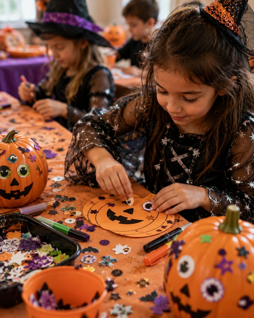 Children in Halloween costumes decorate pumpkins and paper crafts with stickers and markers at a festive table covered with orange cloth, surrounded by Halloween decorations and art supplies.