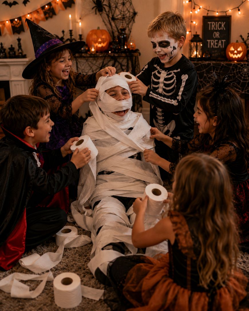 Five children in Halloween costumes wrap a friend in toilet paper to create a mummy costume. The room is decorated with pumpkins, candles, and Halloween decorations. The kids are smiling and enjoying a festive atmosphere.