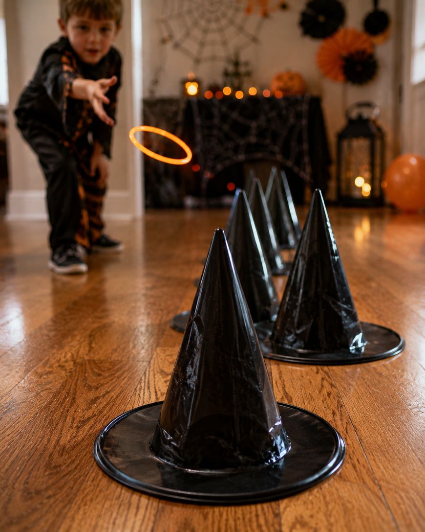 A young child in a Halloween costume throws a glowing ring towards black witch hats lined up on a hardwood floor in a decorated room with festive Halloween decor and orange lights.