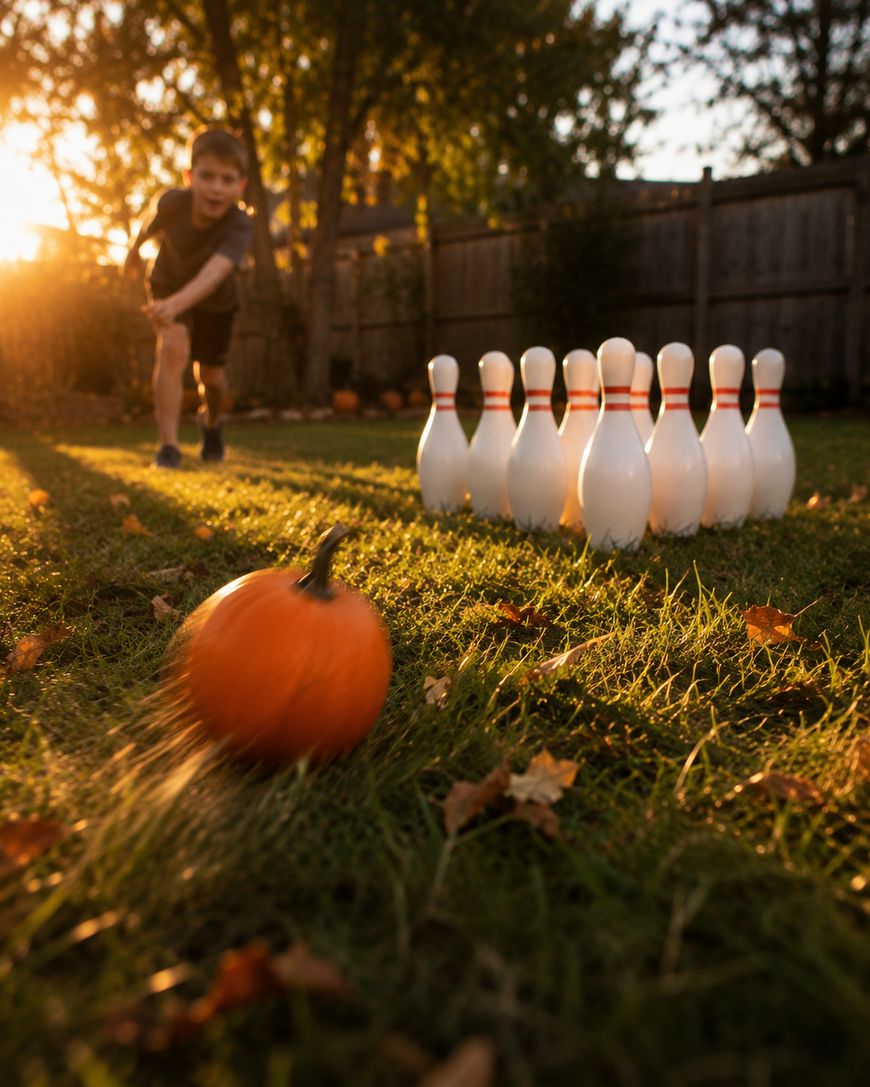 A child throws a small pumpkin towards plastic bowling pins set up on a grassy lawn in autumn, with sunlight shining through trees in the background.