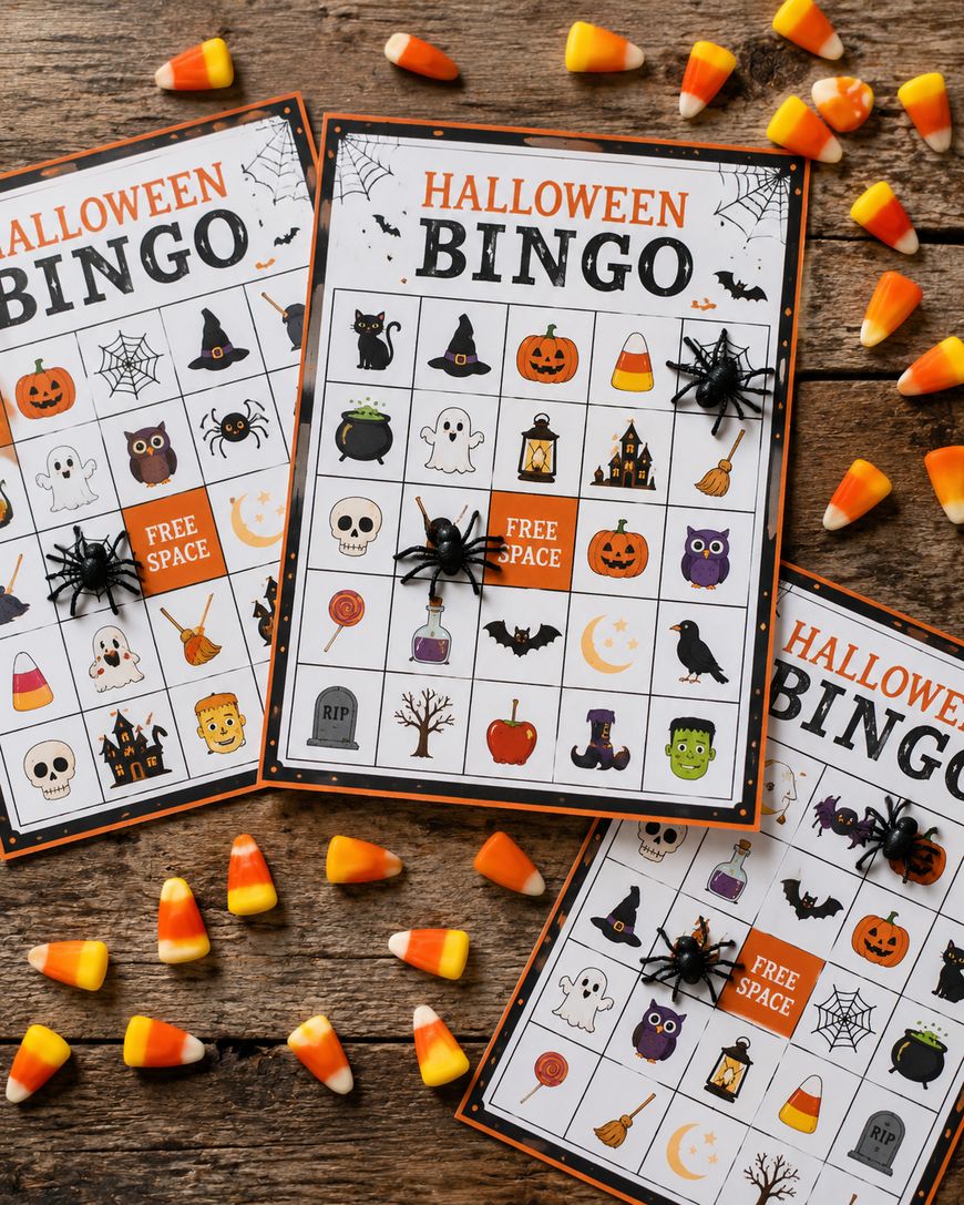 Three Halloween-themed bingo cards decorated with spooky icons like pumpkins, ghosts, and bats are on a wooden table, surrounded by candy corn and toy black spiders.