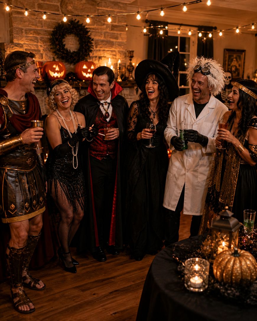 A group of six adults in Halloween costumes, including a gladiator, flapper, vampire, witch, mad scientist, and another witch, laugh and hold drinks at a festive indoor party decorated with pumpkins and string lights.
