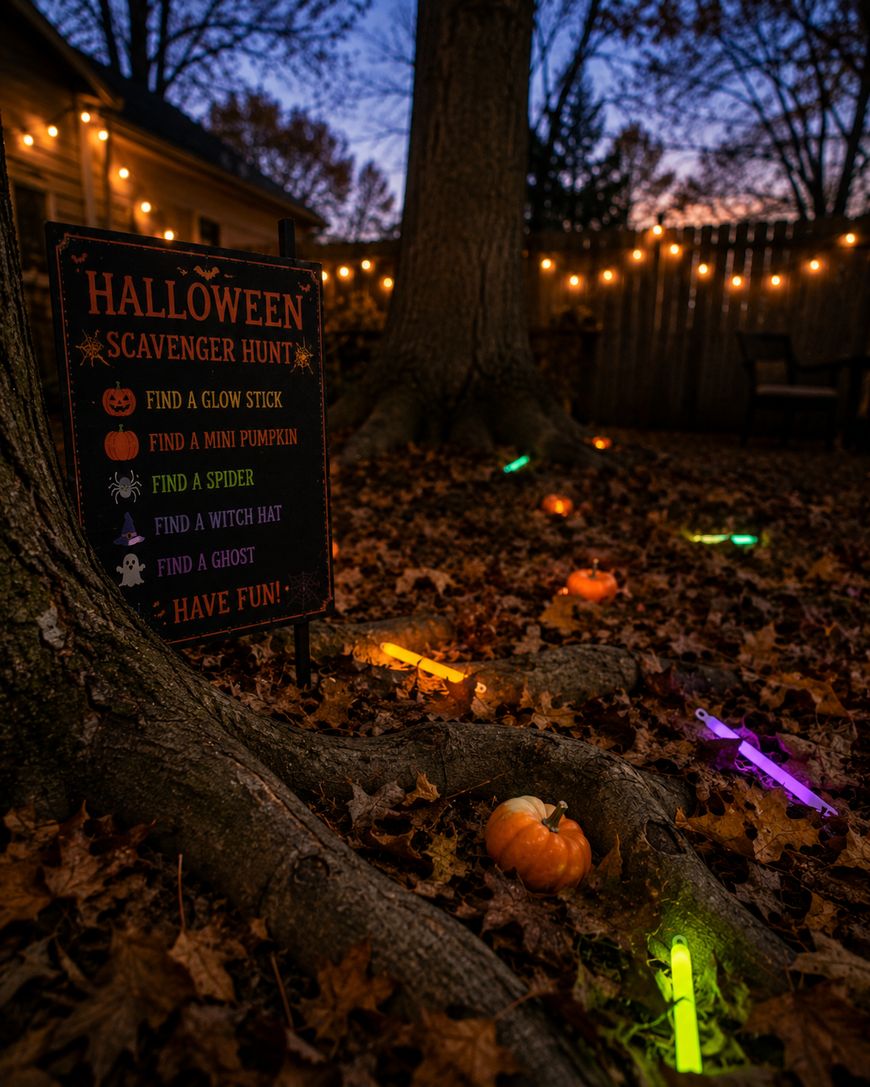 A Halloween scavenger hunt sign stands by a tree surrounded by autumn leaves, small pumpkins, and colorful glowing sticks. String lights hang in the background, creating a festive evening atmosphere.