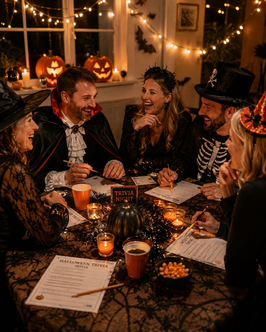 Five adults in Halloween costumes laugh and talk around a table decorated with candles, trivia sheets, and festive items. Jack-o’-lanterns and string lights add a warm, spooky atmosphere to the room.